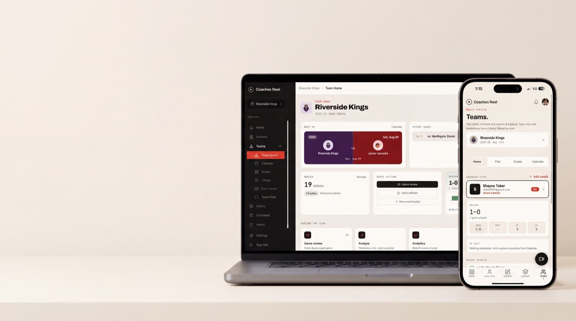 Coaches Reel on desktop and phone — the team dashboard on the web and the Teams tab on mobile